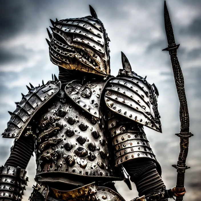 Image similar to photo of a warrior with metal crocodile themed armour, highly detailed, 4 k, hdr, smooth, sharp focus, high resolution, award - winning photo