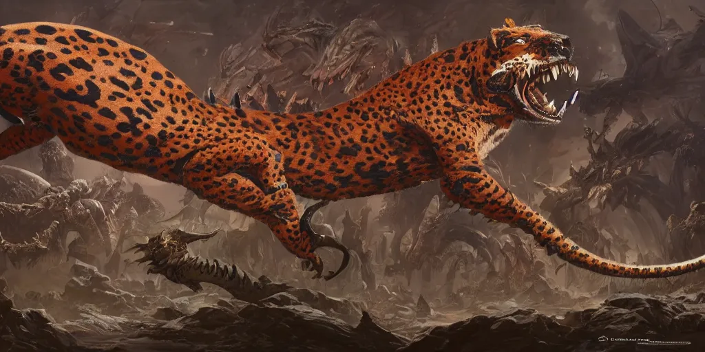 Image similar to Jaguar 🐆 creature, character design sheet, Monster Hunter Illustrations art book, dark colored beetle exoesqueleton, extremely long and thin tail, Moebius, Greg Rutkowski, Zabrocki, Karlkka, Jayison Devadas, Phuoc Quan, trending on Artstation, 8K, ultra wide angle, zenith view, pincushion lens effect.