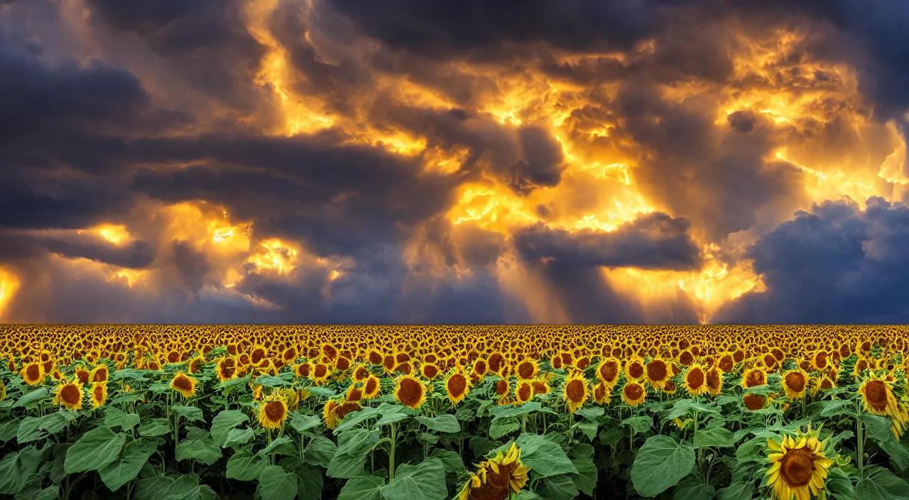 Prompt: mesoscale meteorological event, tornado destroying a field of sunflowers, golden hour, wall cloud, weather photography