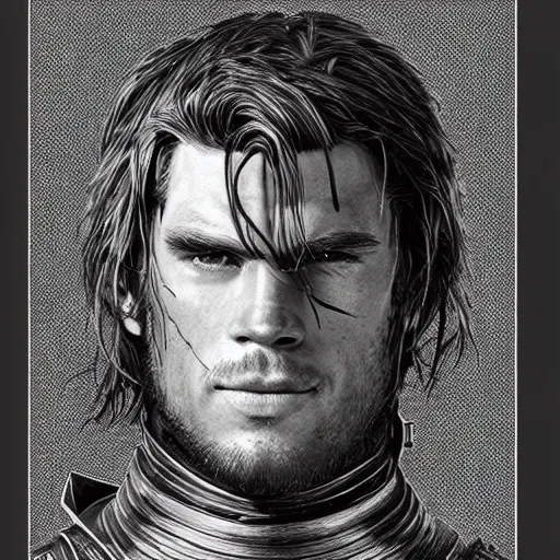 Image similar to a portrait of a medieval knight drawn in the style of jim lee, face of chris hemsworth with a short beard and short blonde hair, trending on artstation, realistic, detailed