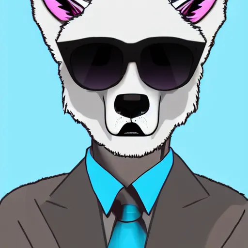 Prompt: An anthropomorphic white wolf wearing a suit and sunglasses, synthwave style