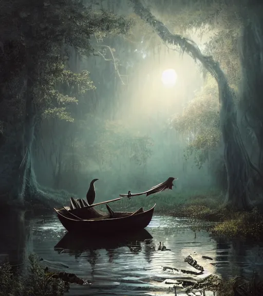 Prompt: three long legs long beak crows in a little boat in a swamp, volumetric lighting, majestic light, octane render, ethereal glare of the sun, hyperrealistic, epic, masterpiece, by greg rutkowski