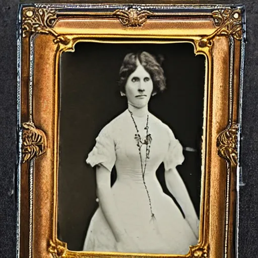 Image similar to a studio photo from 1860 of an Edwardian era dressed lady, full figure, 8mm,