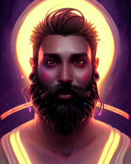 Image similar to epic fantasy comic book style portrait of a male bioluminescent man with a beard with glowing eyes, dark retrowave, highly detailed, digital painting, cinematic, hyperrealism, rpg portrait, dynamic lighting, art by stanley lau and artgerm and magali villeneuve and alphonse mucha, artstation, octane render, cgsociety