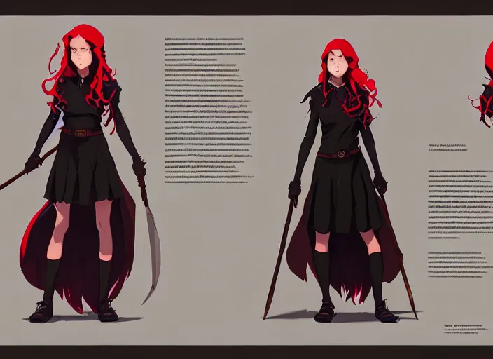 Prompt: character sheet of attractive female student witch by greg rutkowski, magic school uniform, glowing red hair color, by studio ghibli and ross tran, digital art, trending on artstation, highly detailed, concept art, beautiful, masterpiece