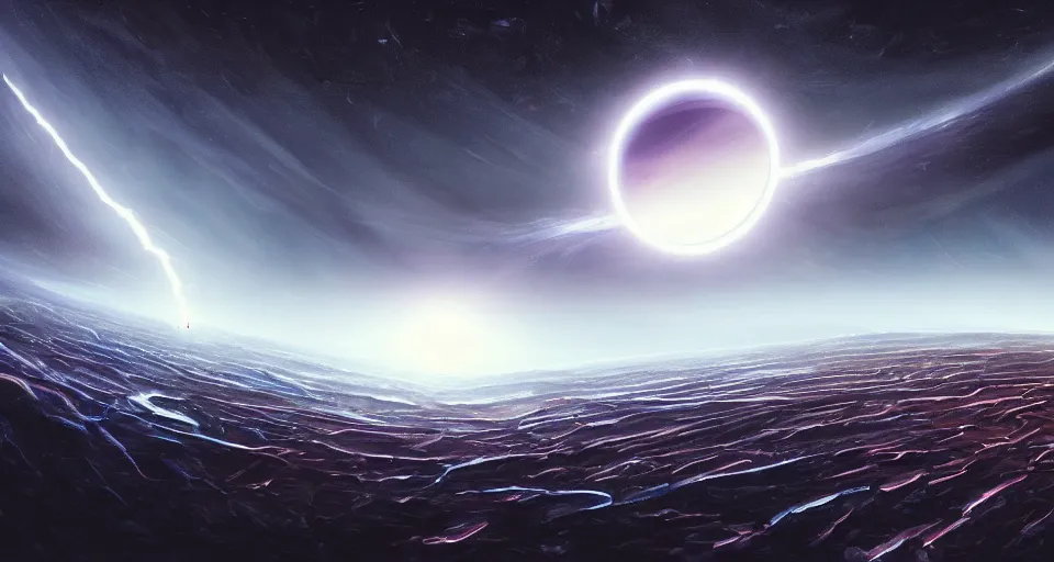 Image similar to a beaitiful painting of a distant dyson sphere close up, dramatic angle, epic cinematography,, curvature, epic composition, epic lighting, dark, completely original lightning and light sources,, cinematic angle, movie concept, trending on artstation, directed by stanley kubrick