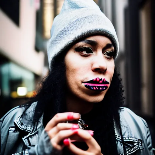 Prompt: photograph portrait of a mixed woman smoking a cigarette, face tattoos, black beanie, black bomber jacket, urban environment, depth of field, 8k, hd, award-winning, 82 mm sigma