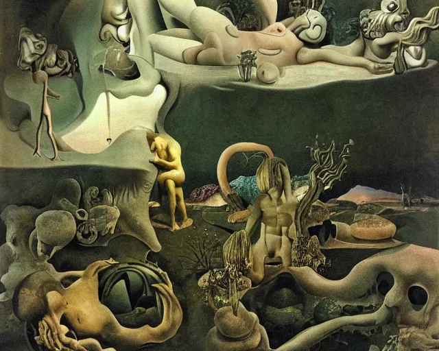 Image similar to a surreal landscape inhabited strange small figures in the background that get larger in the forgeound deep perspective perfect composition by hans bellmer, salvador dali, rachel ruysch