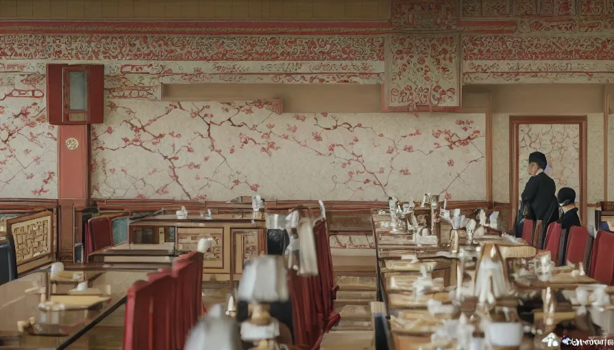 Image similar to 2020s movie still of empty north-korean royal restaurant palace, Leica SL2 50mm, high quality, higly detailed