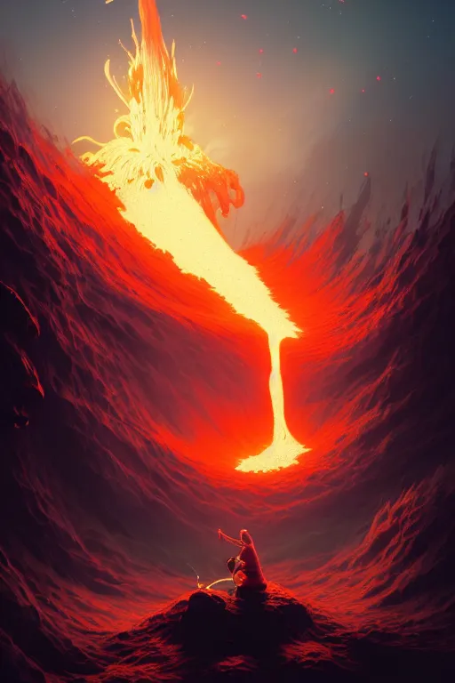 Image similar to coffee cup with volcano erupting from inside whipped cream, stephen bliss, unreal engine, fantasy art by greg rutkowski, rhads, ferdinand knab, makoto shinkai and lois van baarle, ilya kuvshinov, rossdraws, tom bagshaw, global illumination, radiant light, red blue theme, pine forest