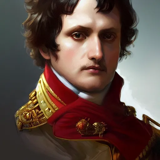 Image similar to Napoleon , closeup,, intricate, elegant, highly detailed, digital painting, artstation, concept art, matte, sharp focus, illustration, art by Artgerm and Greg Rutkowski and Alphonse Mucha