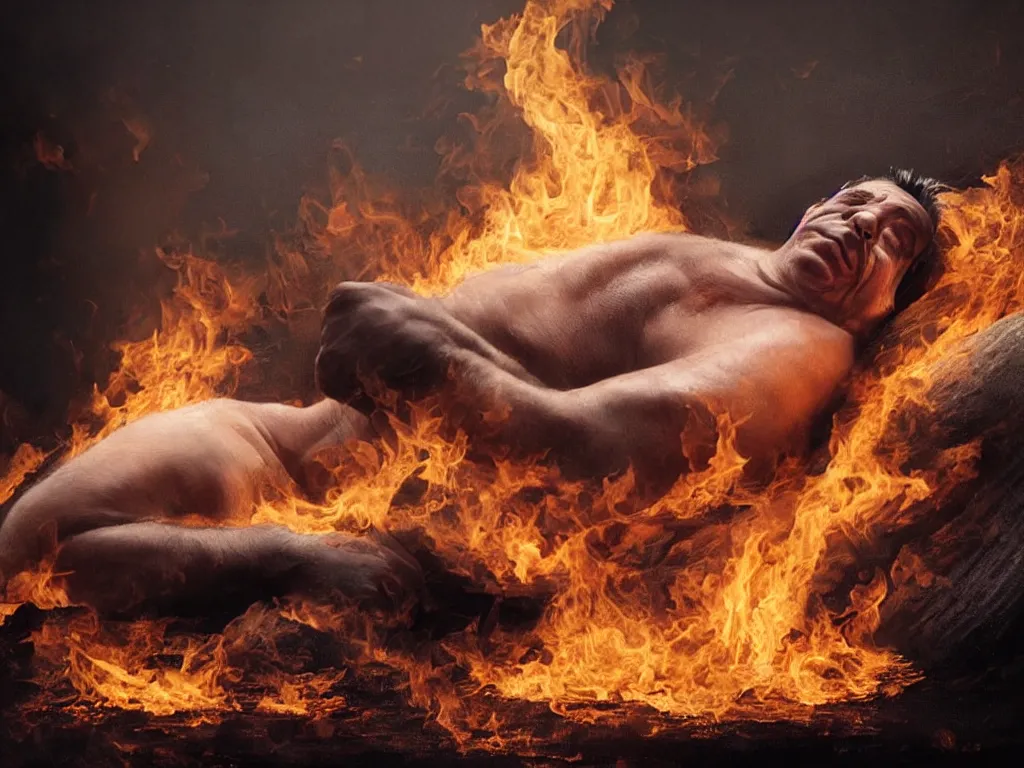 Image similar to extremely detailed digital painting of till lindemann lying on a burning bed, stunning scene, 4 k, realism, bright colors, trending on artstation