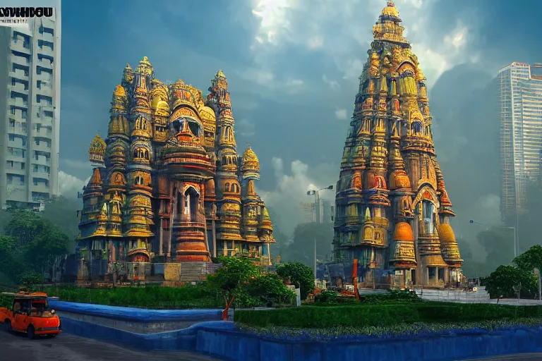 Image similar to high quality 3 d dreamscape! mumbai with biomorphic hanuman!! head building, kalighat, unreal engine hyperrealistic cinematic smooth, stephen shore & john j. park, soft morning light, wide shot, high angle, uhd 8 k, deep focus