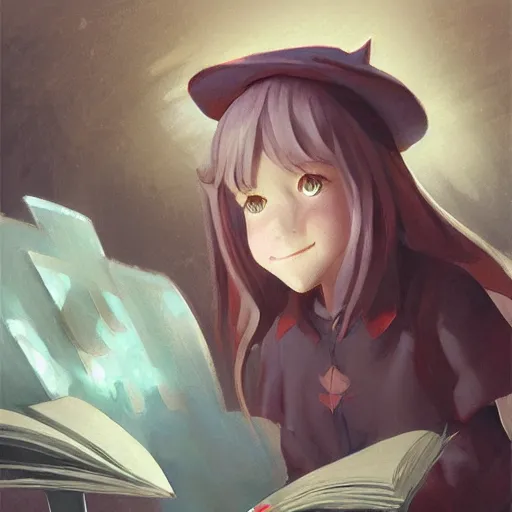 Image similar to little witch opening a book, artwork by cushart, krenz