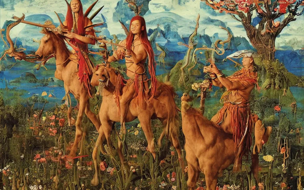 Image similar to a portrait photograph of a meditating shaman and a centaur monk riding a harpy and hunting at a river delta. surrounded by bulbous flowers and trees. mountain range under a blue sky of fiery stars. by jan van eyck, max ernst, ernst haeckel, ernst fuchs and artgerm, cgsociety, fashion editorial, 8 k