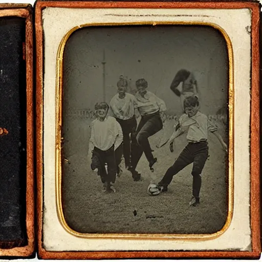 Prompt: daguerreotype photograph of zombies playing soccer
