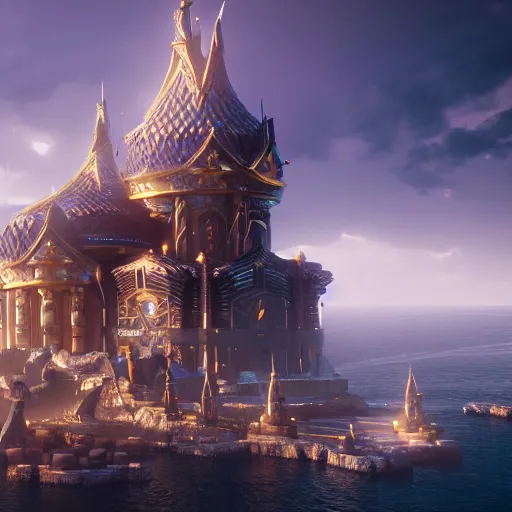 Image similar to an asgardian palace in a golden fantasy sci fi luxurious city with cerulean oceansides, scandinavian / norse influenced, cinematic, ray traced, octane render, cinematic lighting, ultrarealistic, featured on artstation, 8 k uhd artwork