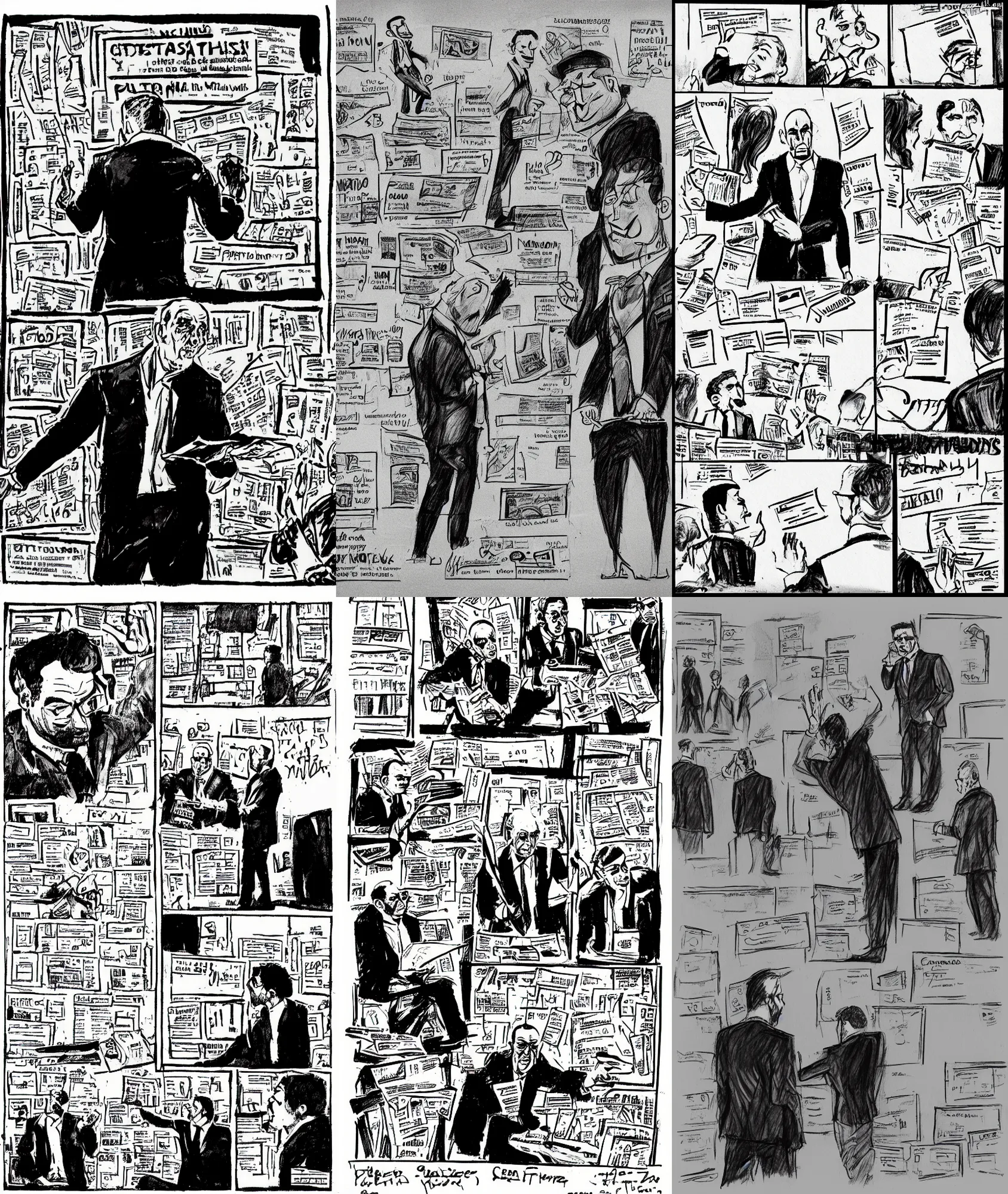 Prompt: newspaper comic strip, italian mafia man giving business presentation on whiteboard, cash stuffed into his pockets. B&W, sketch.