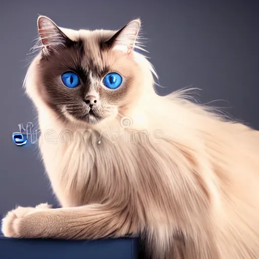 Image similar to studio photograph of a birman cat, bright blue eyes, warm brown colorpoints, hd, studio lighting, stock photo, longhaired, anatomically accurate