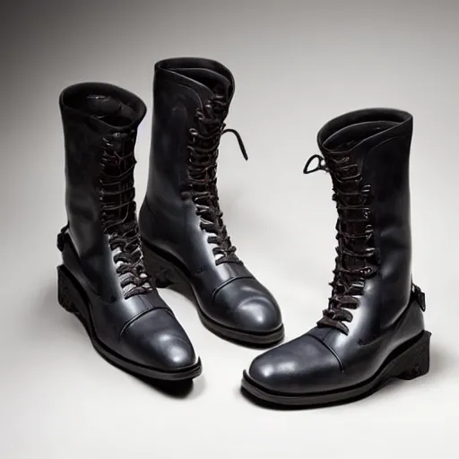 Image similar to an award - winning editorial photo of a male model wearing medieval designer menswear leather boots leather designed by alexander mcqueen, 4 k, studio lighting, wide angle lens