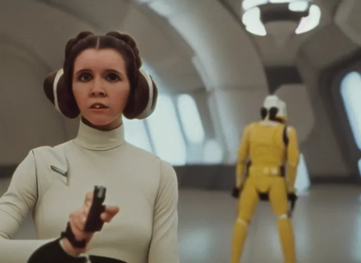 Prompt: screenshot portrait solo shot of Princess Leia training to use a yellow lightsaber at a new Jedi Temple scene from The Force Awakens, 1970s film by Stanley Kubrick, serene, iconic scene, stunning cinematography, hyper detailed, sharp, anamorphic lenses, kodak color film, 4k