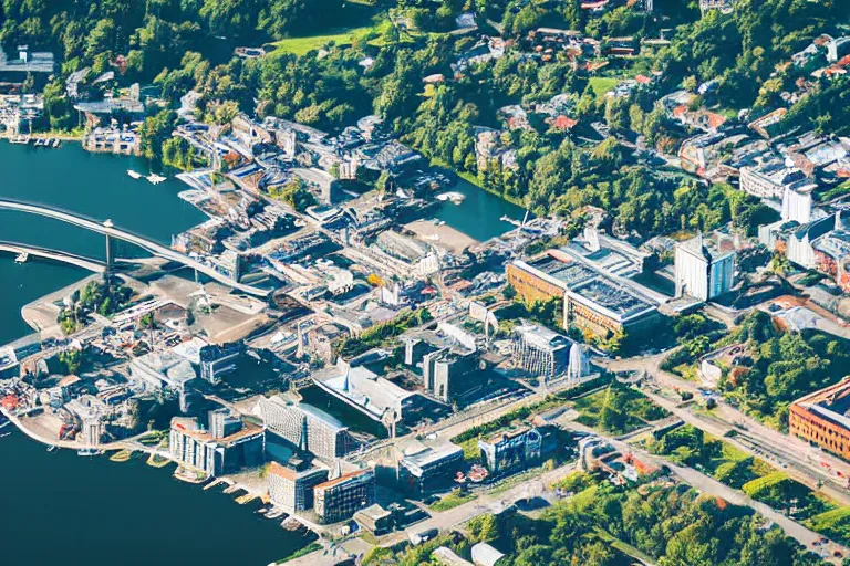 Image similar to bird's eye view photography of a small city. town hall, central farm, monorail station, beach and shipping dock. hills, woods and lake to the north.