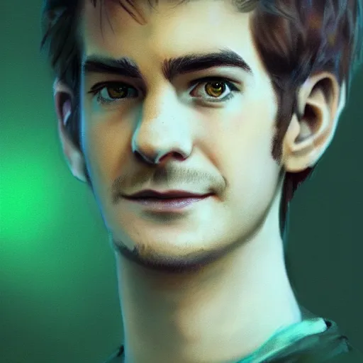 Prompt: Andrew Garfield as peter pan,brown eyes,green shirt,detailed, 8k hd,by rossdraws and greg rutkowski,in the style of a Instagram profile picture