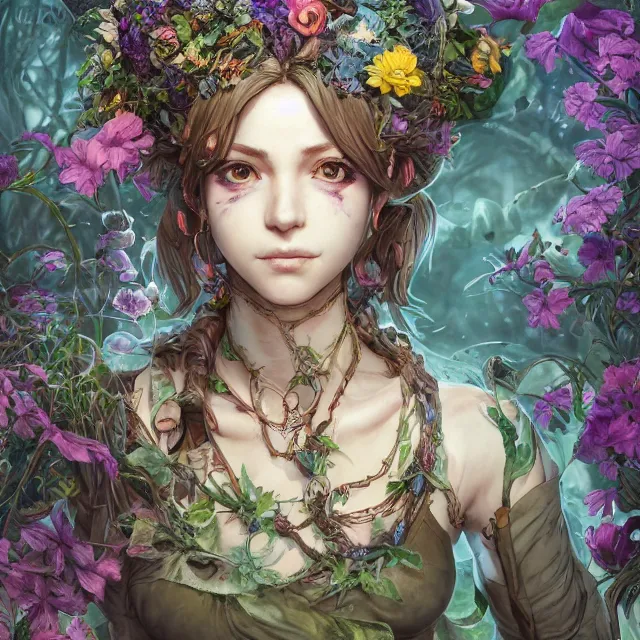 Image similar to the portrait of chaotic good female druid botanist as absurdly beautiful, gorgeous, elegant, young gravure idol, an ultrafine hyperdetailed illustration by kim jung gi, irakli nadar, intricate linework, bright colors, octopath traveler, final fantasy, unreal engine 5 highly rendered, global illumination, radiant light, detailed and intricate environment