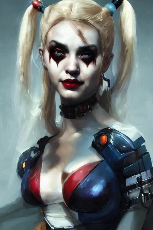 Prompt: portrait of Harley Quinn, dc comics, cyberpunk, Warhammer 40000, digital art from artstation by Ruan Jia and Mandy Jurgens and Artgerm and william-adolphe bouguereau