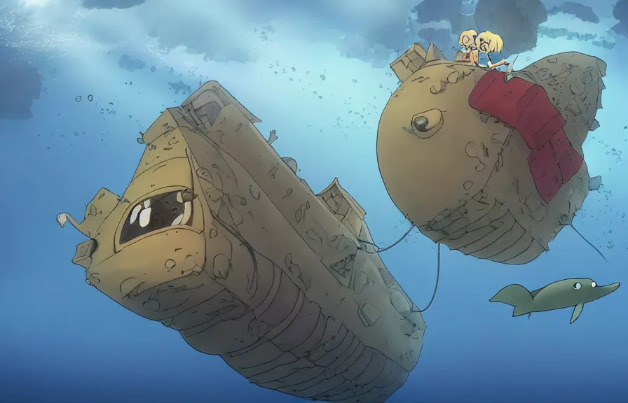 Image similar to a realistic cell - shaded cartoon from howl's moving castle ( 2 0 0 4 ) showing an eel submarine swimming in front of a white pristine pyramid underwater at the bottom of the sea. shafts of sunlight come from above. wide shot, very dull muted colors, hd, 4 k, hq