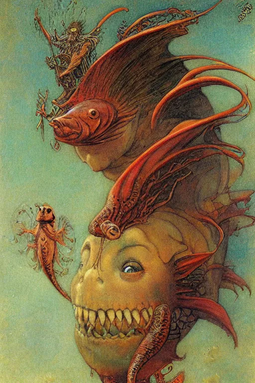 Image similar to a happy fish in the style of and by wayne barlowe, gustav moreau, goward,  Gaston Bussiere and roberto ferri, santiago caruso, and austin osman spare