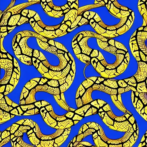 Prompt: blue and gold pythons intwined, python, programming, symmetric,mosaic, Roman, classic, vibrant, intricate, contrast-n9