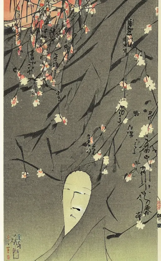 Prompt: by akio watanabe, manga art, the soft curtain of a japanese theatre in spring, trading card front, sun in the background