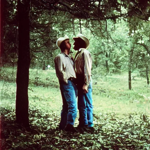 Prompt: cowboys kissing on the woods, 8 0 s, film photograph