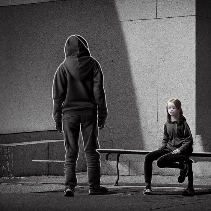 Prompt: sadie sink in a hoodie sits on a bench in a square, pedestrians walk past. background of old soviet monument. storyboard, scifi cyberpunk. by gabriel hardman, joe alves, chris bonura. cinematic atmosphere, detailed and intricate, perfect anatomy