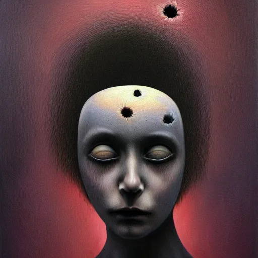 Image similar to dramatic portrait painting of sad woman with black mandelbrot fractal instead of face, in style of zdzisław beksinski, horror, body horror, dark, disturbing,