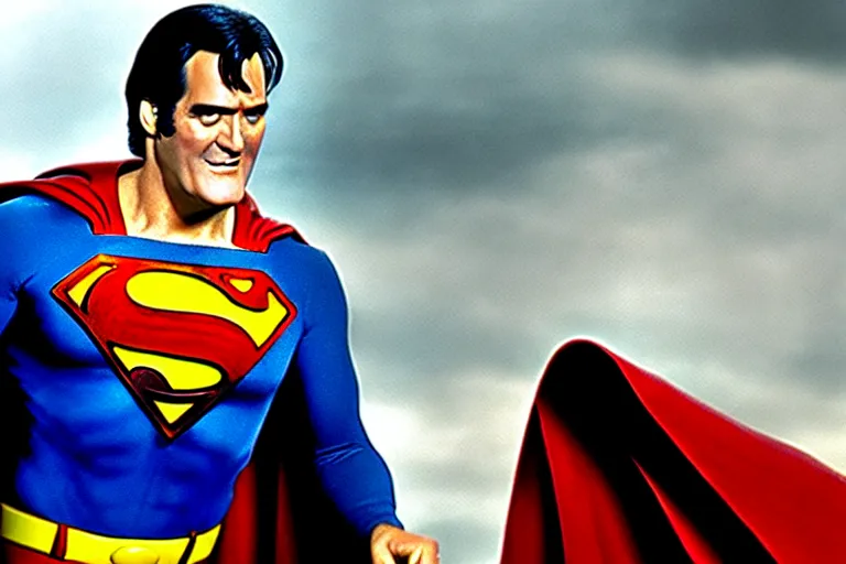 Image similar to bruce campbell playing superman in the evil dead