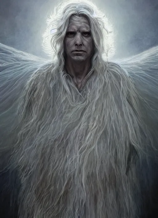 Image similar to Portrait of Prime Minister Scott Morrison, white glowing eyes, silver shaggy hair, cloak, ethereal wings, male, fantasy, extremely detailed, digital painting, artstation, concept art, smooth, sharp focus, illustration, stunning lighting, art by artgerm and greg rutkowski and alphonse mucha and simon stalenhag, realistic character concept, high fantasy, light atmosphere, golden ratio, cinematic lighting, hyperdetailed, high resolution, insanely detailed and intricate, artstation, Marc Simonetti, Greg Rutkowski, 8k