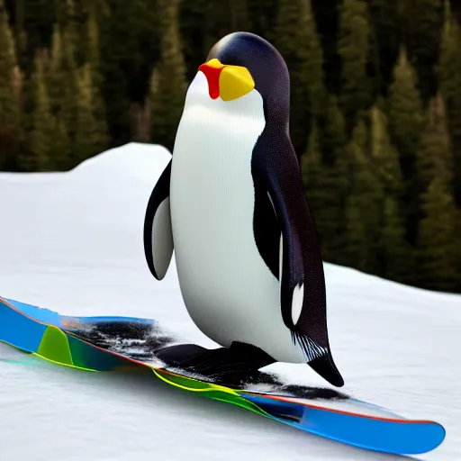 Image similar to ultrawide angle photograph of a snowboarding penguin, extremely detailed. the snowboard he is riding is red and has a tribal print, 8 k