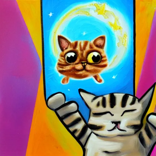 Prompt: painting of cat with pop tart body flying through space, pop tart cat