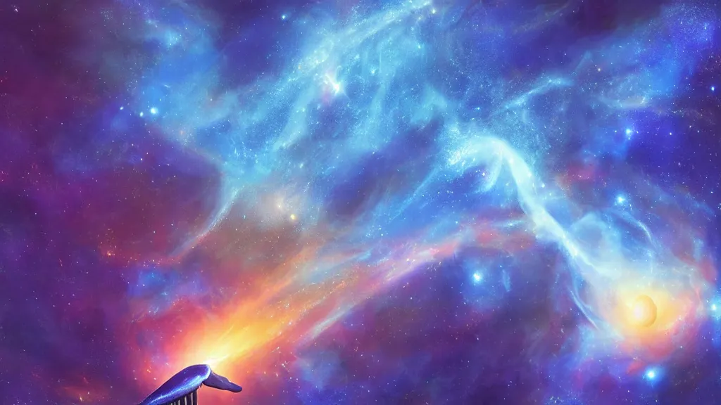 Image similar to Blue fire whale flying through a nebula, star dust, cosmic, magical, shiny, glow,cosmos, galaxies, stars, stunning, vivid colors, by andreas rocha and john howe, and Martin Johnson Heade, featured on artstation, featured on behance, golden ratio, ultrawide angle, hyper detailed, photorealistic, epic composition, wide angle, f32, well composed, UE5, 8k