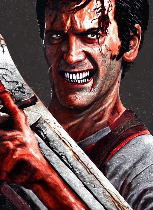 Prompt: cinematic close up artwork of Ash Williams from the Evil Dead holding up his chainsaw, digital art, 4k, realistic