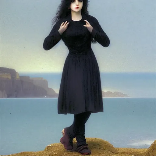 Image similar to 1 7 - year - old pale - skinned persian girl with black long bob cut, black gothic jacket, blue jeans, psychic girl, psychokinetic girl, standing on cliff along the irish coast, overcast gray skies, ultra - realistic, sharp details, subsurface scattering, intricate details, art by william - adolphe bouguereau