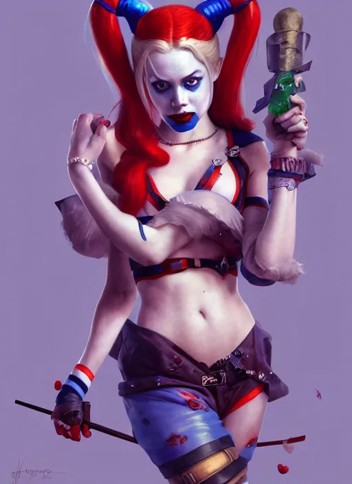 Prompt: harley quinn as a gnome queen, girl, masterpiece, intricate, elegant, highly detailed, my rendition, digital painting, artstation, concept art, smooth, sharp focus, illustration, art by artgerm and greg rutkowski and alphonse mucha and uang guangjian and gil elvgren and sachin teng, symmetry!!