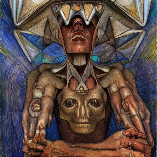 Image similar to grieving android wearing the bone crown, by Annie Swynnerton and Diego Rivera , symbolist, dramatic lighting, elaborate geometric ornament, Art Brut, soft cool colors,smooth, sharp focus, extremely detailed, Adolf Wölfli and (Donato Giancola)