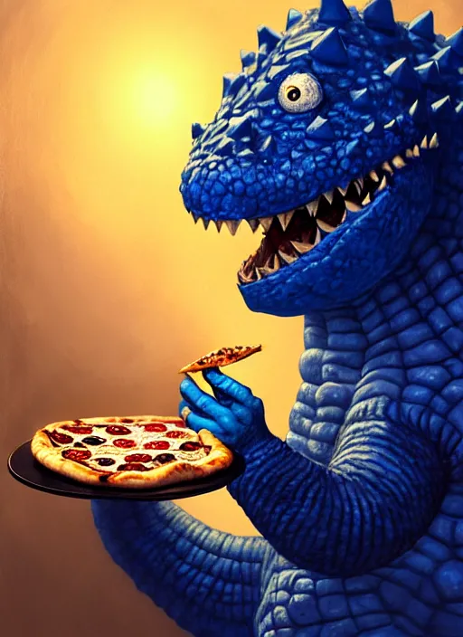 Prompt: portrait of a smiling small fat blue godzilla with a pizza, wearing a propeller beanie, intricate, elegant, candle light, highly detailed, digital painting, artstation, concept art, smooth, sharp focus, illustration, art by wlop, mars ravelo and greg rutkowski