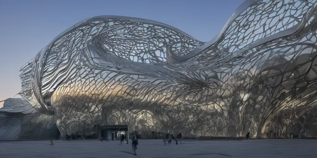Image similar to extremely detailed ornate stunning sophisticated beautiful elegant futuristic museum exterior by Zaha Hadid, stunning volumetric light, sunset, 8k dragonfly structural pattern