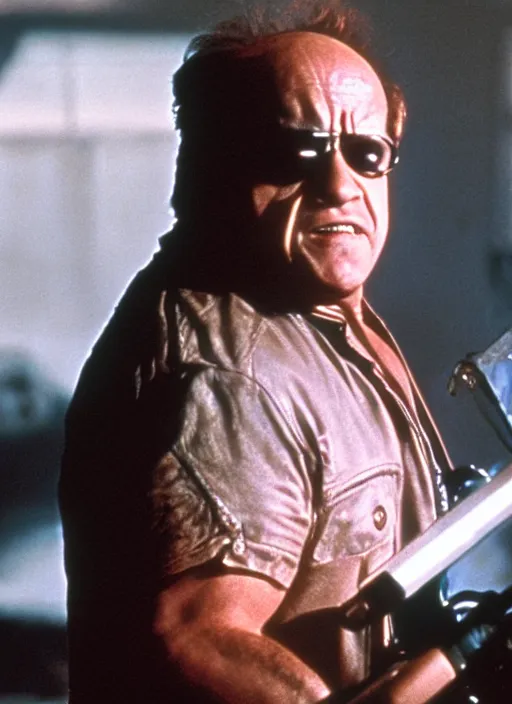 Image similar to film still of Danny DeVito as The Terminator in Terminator, 4k