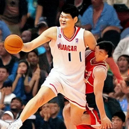 Prompt: yaoming is taking up earth as a basketball