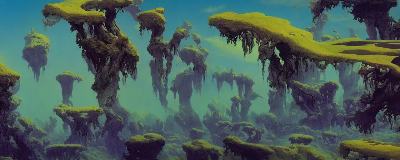 Image similar to otherworldly landscape by roger dean, [ cinematic, epic, opening shot, establishing, mattepainting, 4 k ]